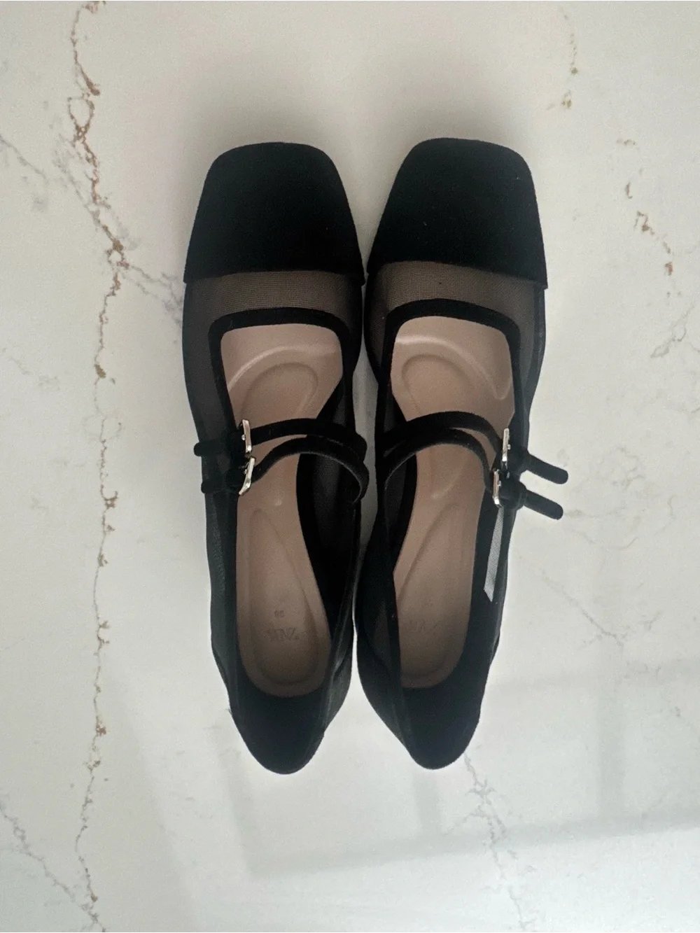 Zara Black Mesh Mary Jane Heels with Square Toe Cap
